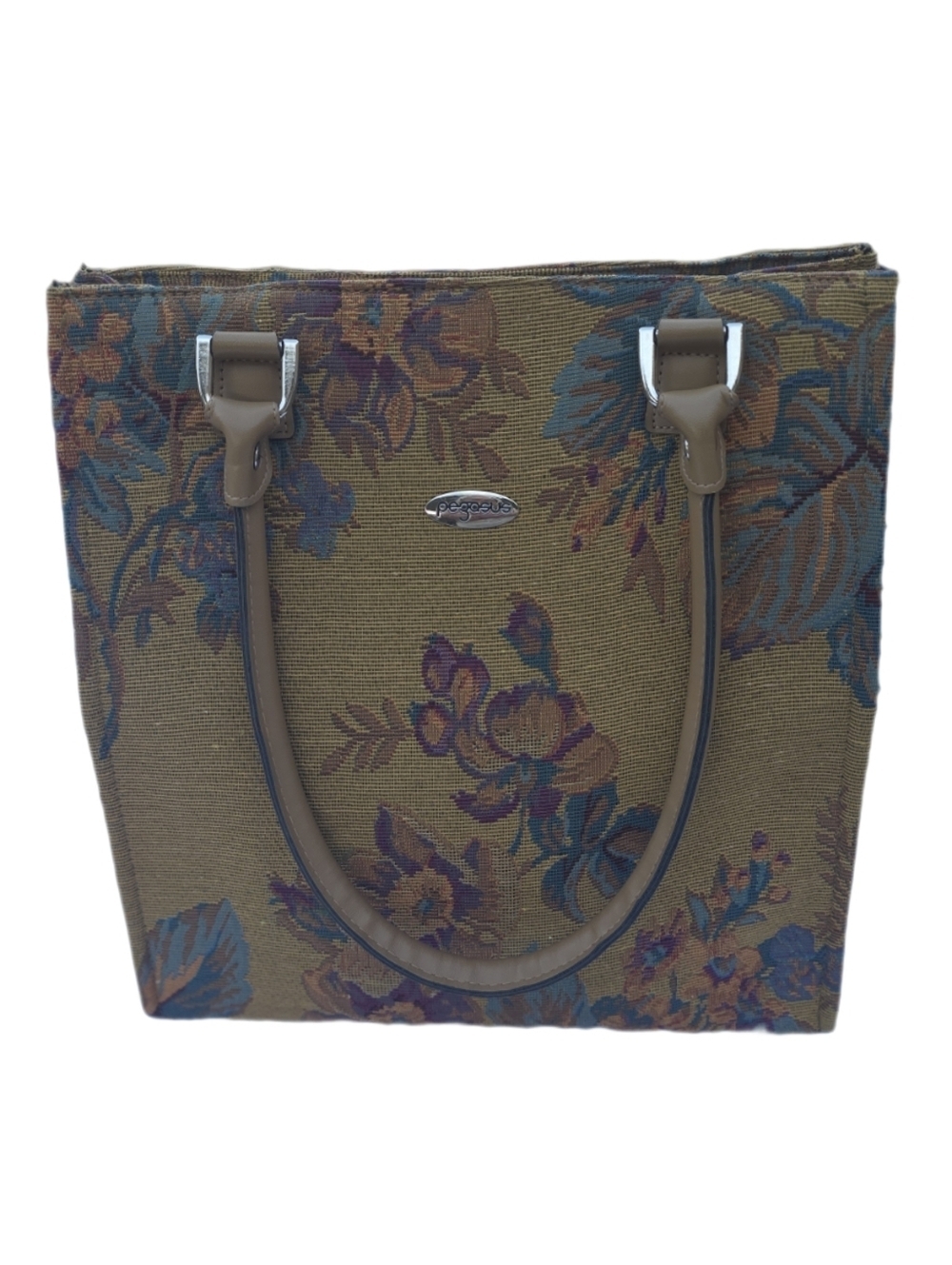 Vintage Pegasus Floral Tapestry Tote Bag - Earthy Tones & Vegan Leather Handles - Picture 9 of 15